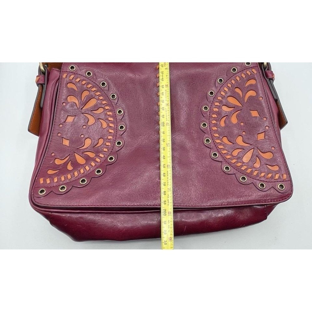 Hype Burgundy Leather Messenger Bag –‎ Cutout Floral Design – Adjustable Strap - Picture 5 of 8